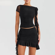 Ruffle Two Piece Set for Women - Stylish Crop Top and Mini Skirt Matching Co Ord Set-Cramta