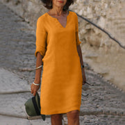 Elegant Bonafita Summer Dress – Mid-Length Linen Dress with V-Neckline for a Sophisticated Style-Cramta