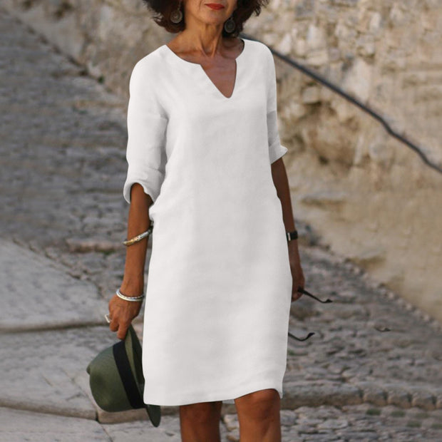 Elegant Bonafita Summer Dress – Mid-Length Linen Dress with V-Neckline for a Sophisticated Style-Cramta