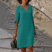 Elegant Bonafita Summer Dress – Mid-Length Linen Dress with V-Neckline for a Sophisticated Style-Cramta