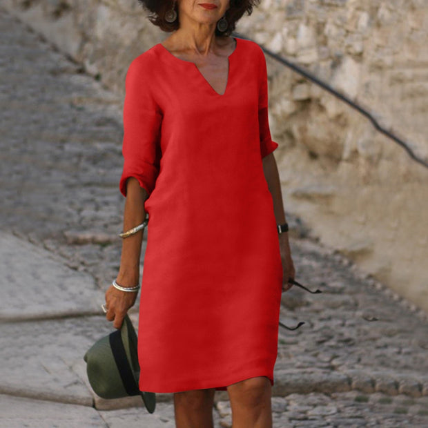 Elegant Bonafita Summer Dress – Mid-Length Linen Dress with V-Neckline for a Sophisticated Style-Cramta