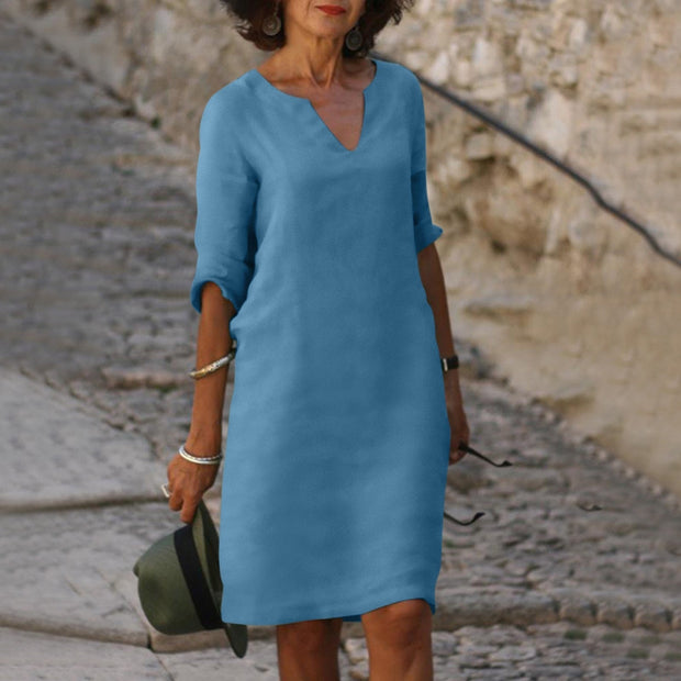 Elegant Bonafita Summer Dress – Mid-Length Linen Dress with V-Neckline for a Sophisticated Style-Cramta