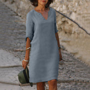 Elegant Bonafita Summer Dress – Mid-Length Linen Dress with V-Neckline for a Sophisticated Style-Cramta