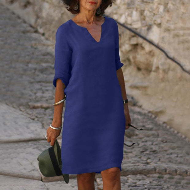 Elegant Bonafita Summer Dress – Mid-Length Linen Dress with V-Neckline for a Sophisticated Style-Cramta