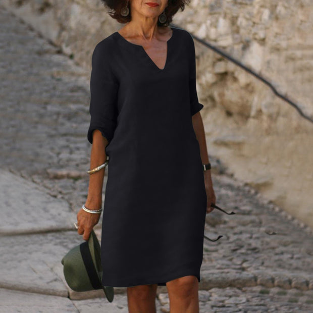 Elegant Bonafita Summer Dress – Mid-Length Linen Dress with V-Neckline for a Sophisticated Style-Cramta