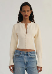 Sculpted Knit Cardigan with Ribbed Waist and Snap Buttons – Casual Chic Outerwear