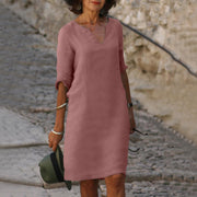 Elegant Bonafita Summer Dress – Mid-Length Linen Dress with V-Neckline for a Sophisticated Style-Cramta