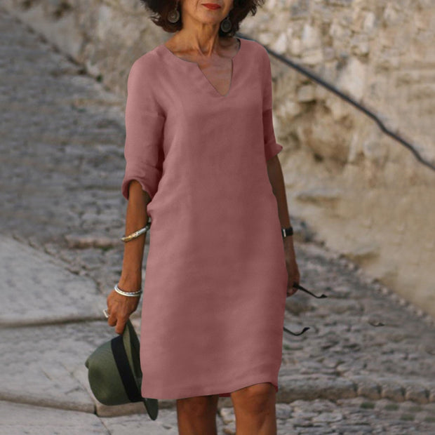 Elegant Bonafita Summer Dress – Mid-Length Linen Dress with V-Neckline for a Sophisticated Style-Cramta