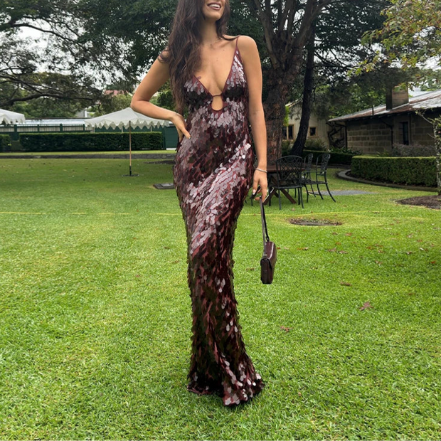 Sequin Evening Gown with Slight Stretch – Elegant Long Formal Dress for Parties and Events-Cramta
