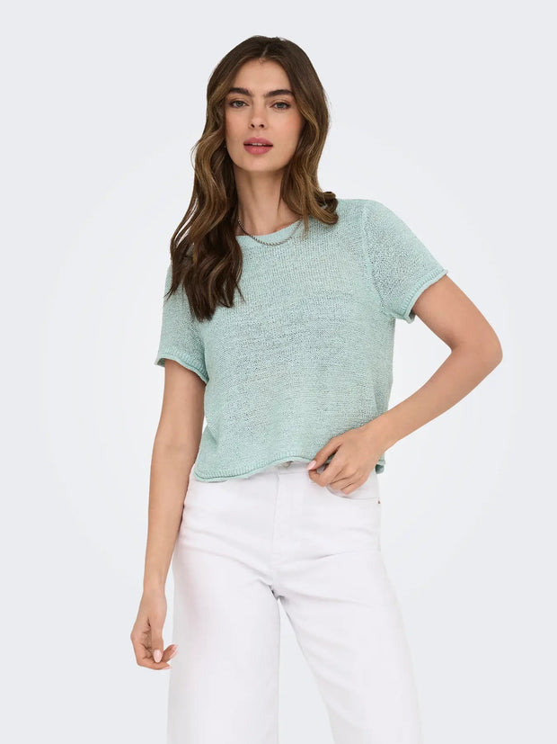 Short Sleeve Knit Pullover Top for Women in Pale Aqua – Regular Fit with Dropped Shoulders