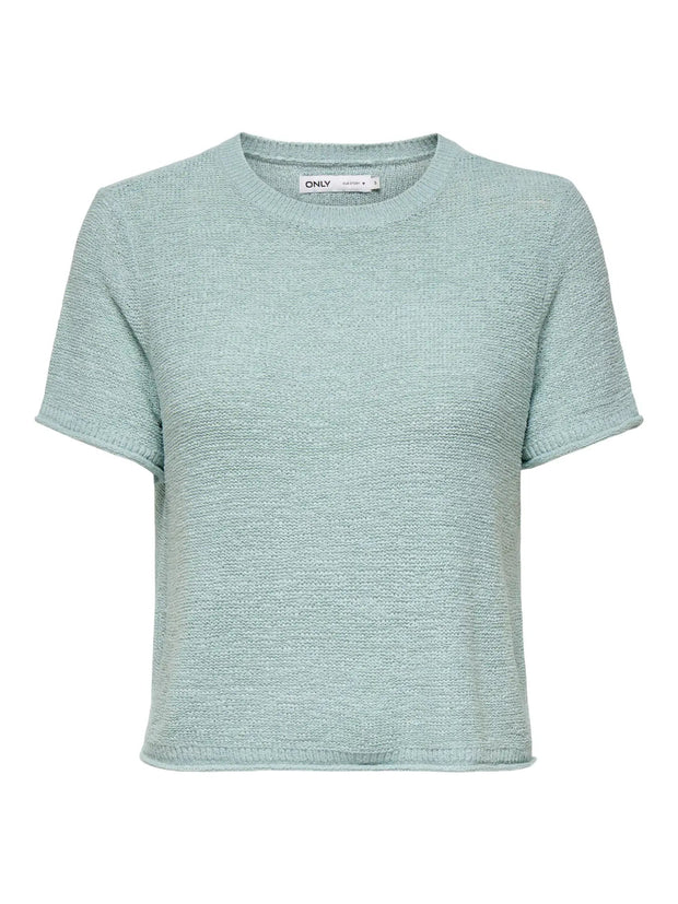 Short Sleeve Knit Pullover Top for Women in Pale Aqua – Regular Fit with Dropped Shoulders