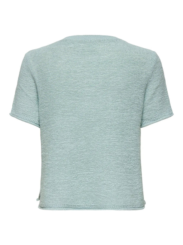 Short Sleeve Knit Pullover Top for Women in Pale Aqua – Regular Fit with Dropped Shoulders