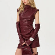 Skinny Vegan Leather Mini Dress with Gloves – Stylish and Trendy-Cramta