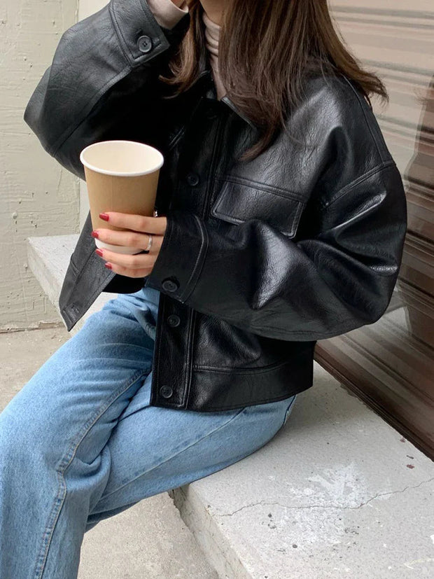 Stylish Faux Leather Jacket with Boxy Cut for Effortless Street-Chic Looks