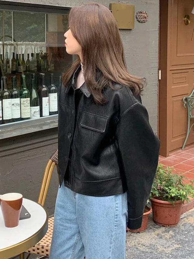 Stylish Faux Leather Jacket with Boxy Cut for Effortless Street-Chic Looks