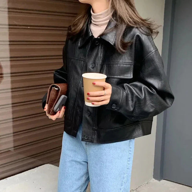 Stylish Faux Leather Jacket with Boxy Cut for Effortless Street-Chic Looks