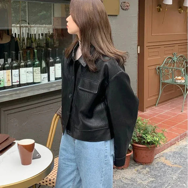 Stylish Faux Leather Jacket with Boxy Cut for Effortless Street-Chic Looks