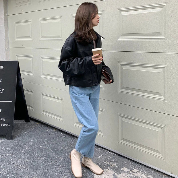 Stylish Faux Leather Jacket with Boxy Cut for Effortless Street-Chic Looks