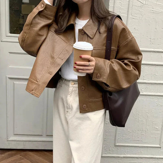 Stylish Faux Leather Jacket with Boxy Cut for Effortless Street-Chic Looks
