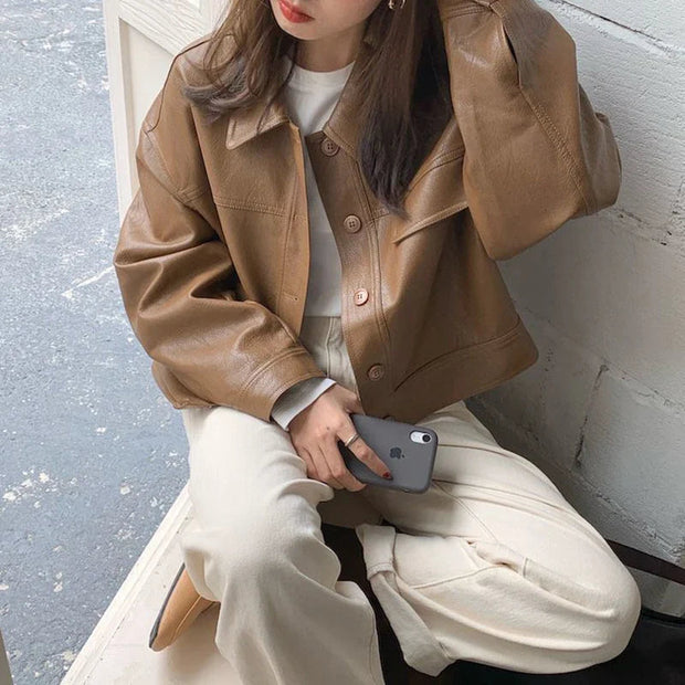 Stylish Faux Leather Jacket with Boxy Cut for Effortless Street-Chic Looks