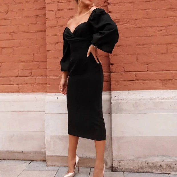 Stylish Long Sleeve Bodycon Midi Dress with Lantern Sleeves – Comfortable and Flattering Fit-Cramta