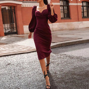 Stylish Long Sleeve Bodycon Midi Dress with Lantern Sleeves – Comfortable and Flattering Fit-Cramta