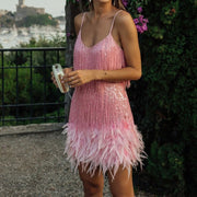 Stylish Mini Dress with Tassel Sequins and Feather Detail – Comfortable Fit for Parties and Special Events-Cramta