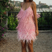 Stylish Mini Dress with Tassel Sequins and Feather Detail – Comfortable Fit for Parties and Special Events-Cramta