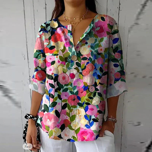 Elegant Floral Pattern Blouse – Spring Comfort and Style with a pointed collar-Cramta