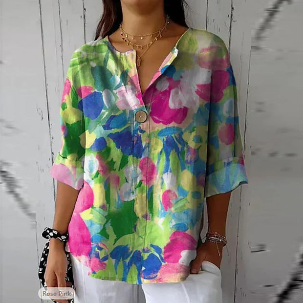 Elegant Floral Pattern Blouse – Spring Comfort and Style with a pointed collar-Cramta