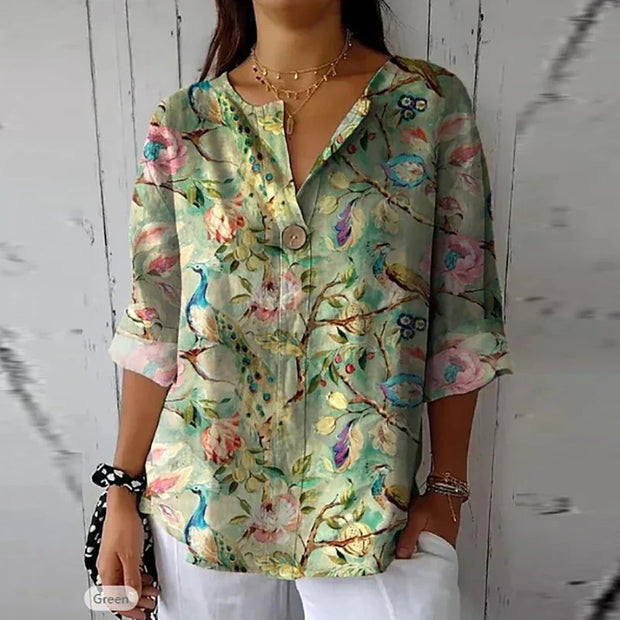 Elegant Floral Pattern Blouse – Spring Comfort and Style with a pointed collar-Cramta