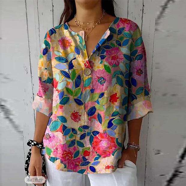Elegant Floral Pattern Blouse – Spring Comfort and Style with a pointed collar-Cramta