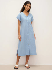 White A-Line Linen Dress with V-Neck and Side Pockets – Elegant Summer Dress for Women
