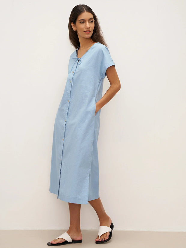White A-Line Linen Dress with V-Neck and Side Pockets – Elegant Summer Dress for Women