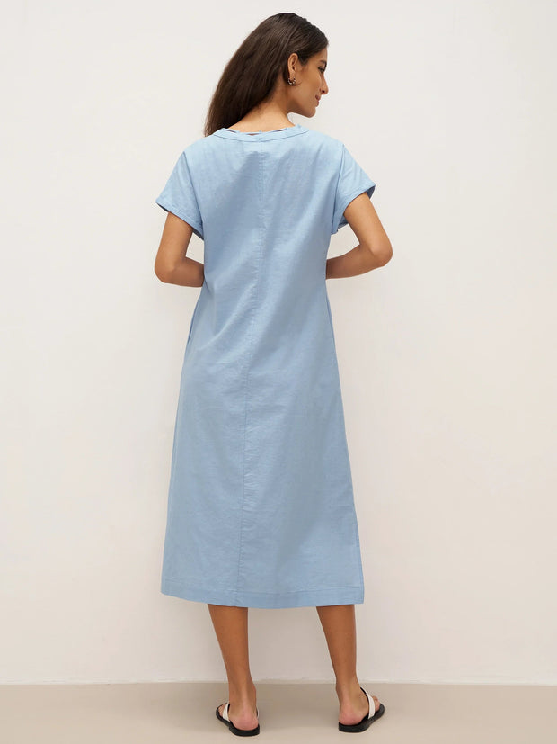 White A-Line Linen Dress with V-Neck and Side Pockets – Elegant Summer Dress for Women