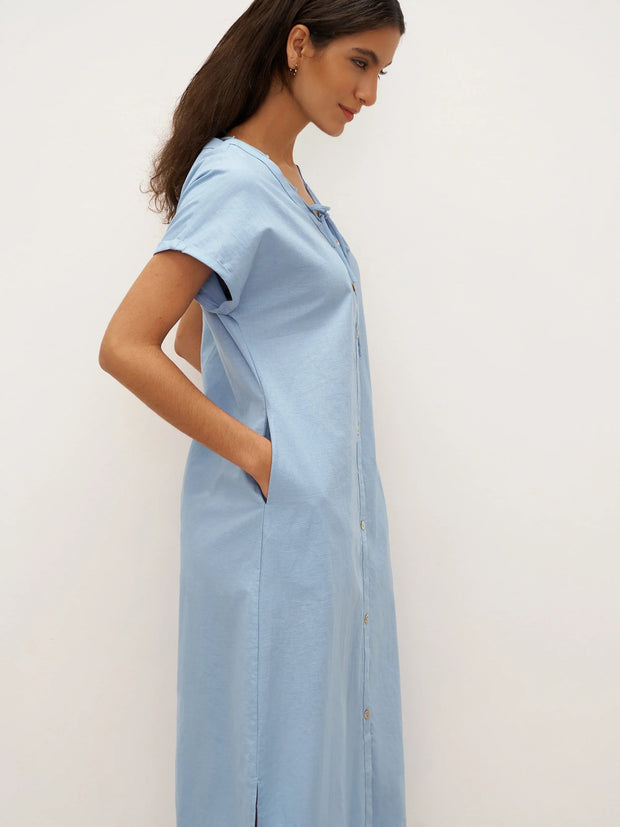 White A-Line Linen Dress with V-Neck and Side Pockets – Elegant Summer Dress for Women