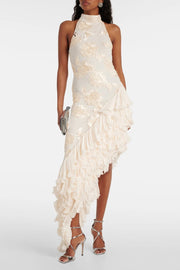 White Floral Appliqué Maxi Dress for Women – Elegant Sleeveless Formal Summer Dress, Size M