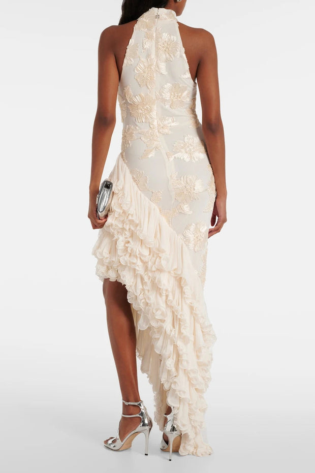 White Floral Appliqué Maxi Dress for Women – Elegant Sleeveless Formal Summer Dress, Size M