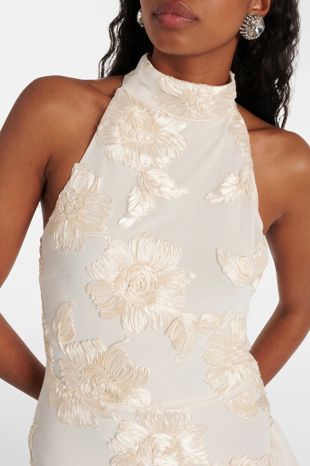 White Floral Appliqué Maxi Dress for Women – Elegant Sleeveless Formal Summer Dress, Size M