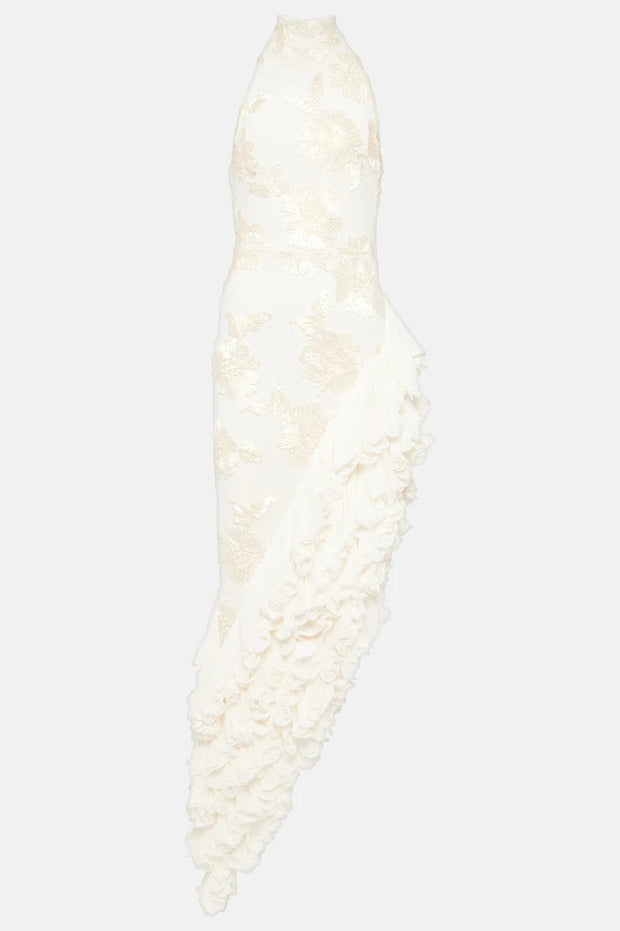 White Floral Appliqué Maxi Dress for Women – Elegant Sleeveless Formal Summer Dress, Size M