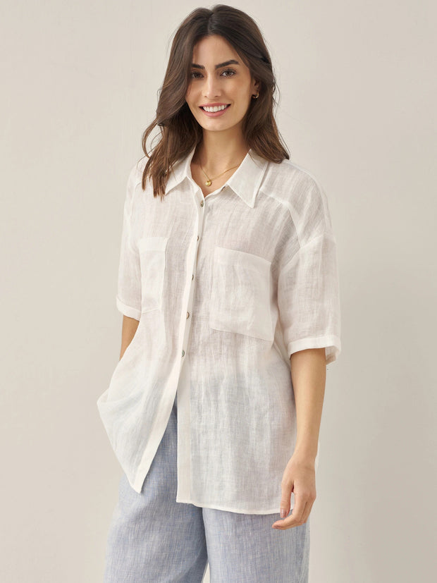 White Linen Button-Down Shirt for Men & Women - 100% Breathable Casual Top with Patch Pockets and Relaxed Fit