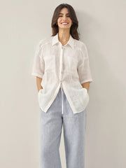 White Linen Button-Down Shirt for Men & Women - 100% Breathable Casual Top with Patch Pockets and Relaxed Fit