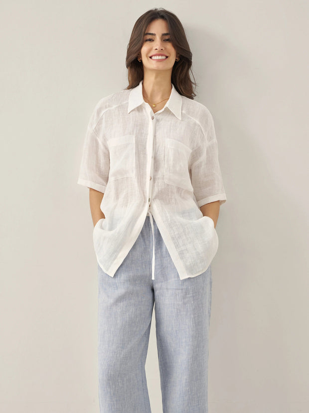 White Linen Button-Down Shirt for Men & Women - 100% Breathable Casual Top with Patch Pockets and Relaxed Fit