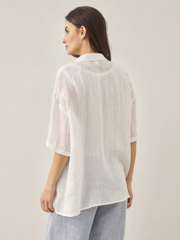 White Linen Button-Down Shirt for Men & Women - 100% Breathable Casual Top with Patch Pockets and Relaxed Fit