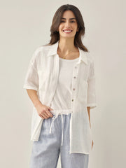 White Linen Button-Down Shirt for Men & Women - 100% Breathable Casual Top with Patch Pockets and Relaxed Fit