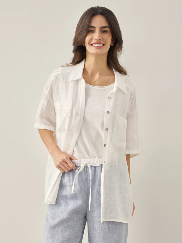 White Linen Button-Down Shirt for Men & Women - 100% Breathable Casual Top with Patch Pockets and Relaxed Fit