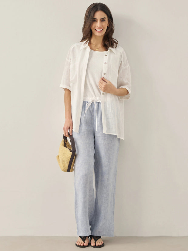 White Linen Button-Down Shirt for Men & Women - 100% Breathable Casual Top with Patch Pockets and Relaxed Fit