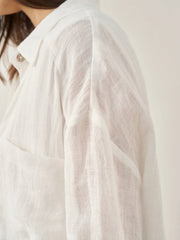 White Linen Button-Down Shirt for Men & Women - 100% Breathable Casual Top with Patch Pockets and Relaxed Fit