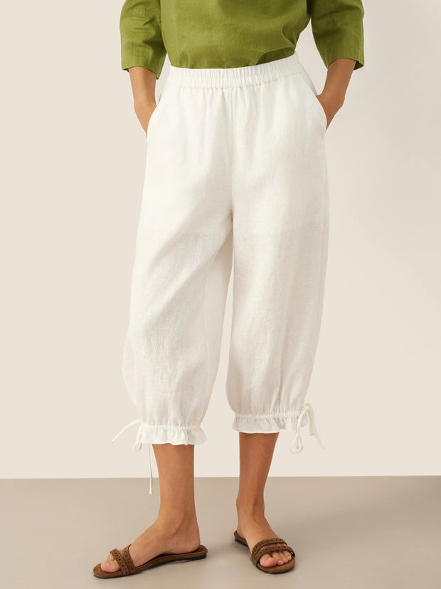 White Linen Pants for Women - 100% Linen Elastic Waist with Ruffled Cuffs and Pockets, Stylish and Comfortable