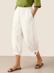 White Linen Pants for Women - 100% Linen Elastic Waist with Ruffled Cuffs and Pockets, Stylish and Comfortable